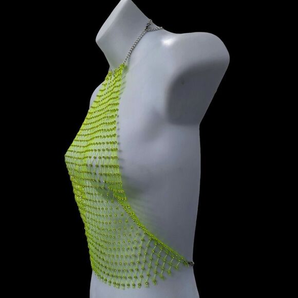 Brand New Yellow With Silver Rhinestone Mesh Body Fishnet Bra Cover - Picture 2 of 6